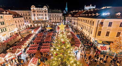 An aerial view over Bratislava’s Christmas market